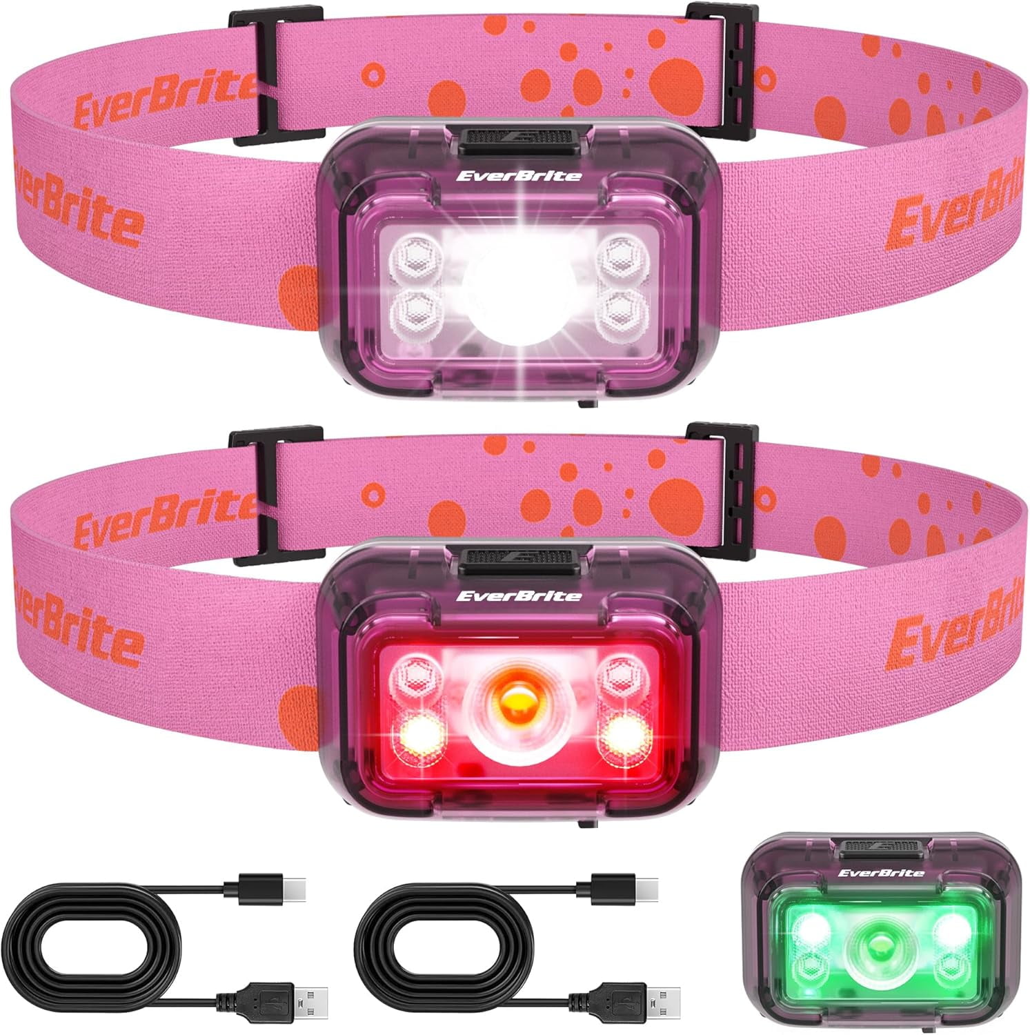 Rechargeable Headlamp, 2 Pack Kids Headlamp with White/Red/Green Light and Memory Function, Head Lamp for Adult Kid 5 Modes, 120° Adjustable LED Camping, Running-Pink