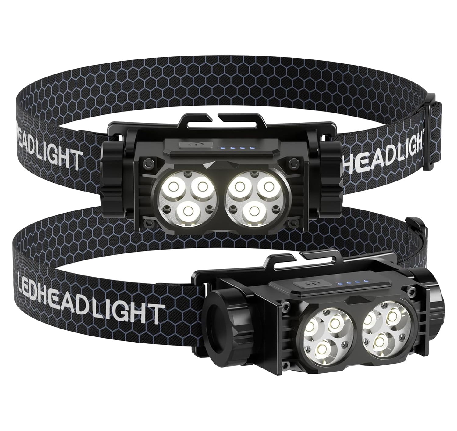 Rechargeable Headlamp (2PCS), 4500 Lumen Ultra-Light LED Headlamp, Waterproof with Headband, for Camping and Hiking, Black.