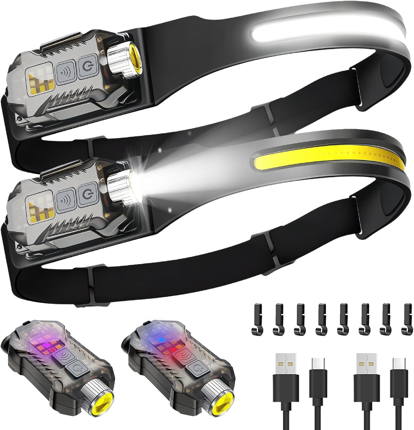 Rechargeable Headlamp 2Pack, Detachable 230° Wide Beam LED 2in1 Head Lamp with Motion Sensor, Hard Hat Light for Adults, 9 Modes Flashlight Running Hunting Camping Essentials Gear