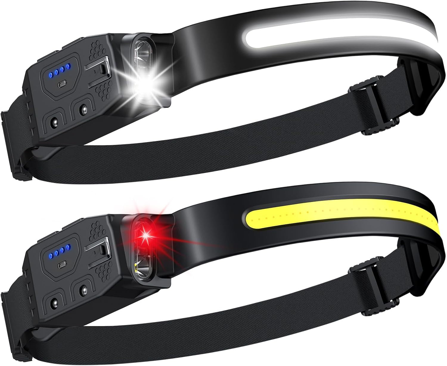 Rechargeable Headlamp 2Pcs- 230° Wide Beam Led Head Lamp with White Red Light, Long Lasting Hard Hat Motion Sensor, 6 Mode Headlight Flashlight for Adults Camping,Hiking,Running