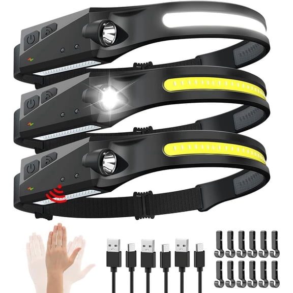 Rechargeable Headlamp 3PCS, 230° Wide Beam Head Lamp, Motion Sensor LED Headlamp Rechargeable, 5Mode Bright Headlamps for Adults, Head Lights for Forehead, Hard Hat Headlight, Camping Essentials Gear