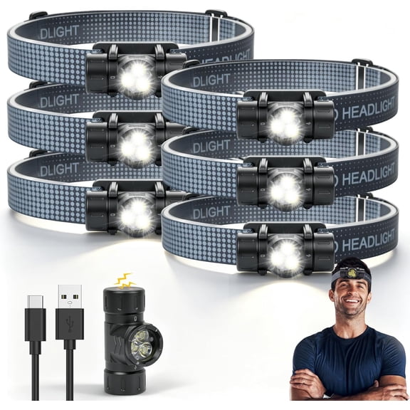 Rechargeable Headlamp 6PCS, Super Bright LED with 4 Modes, 180 Adjustable Beam Angle, Head Lights for Forehead, Hard Hat Headlight, IPX4 Waterproof, Ideal Camping, Hiking, Fishing