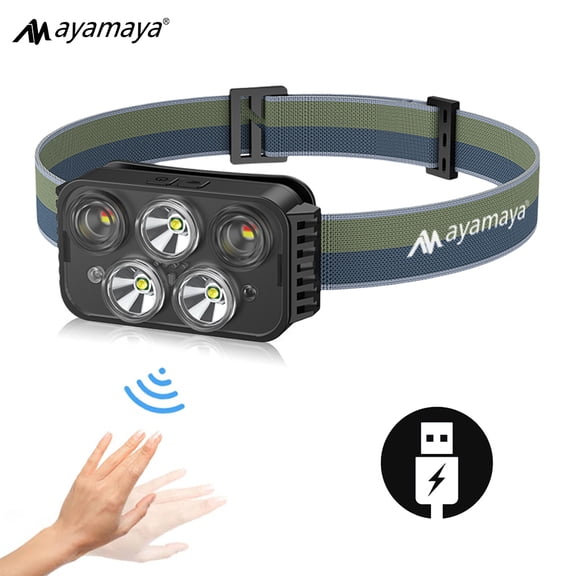 Rechargeable Headlamp AYAMAYA-5 LED Head Lamp 6 Modes with Motion Sensor 500 Lumens IPX4 Waterproof USB Headlights with Adjustable Headband for Night Jogging Camping Headlamps[Type A USB]