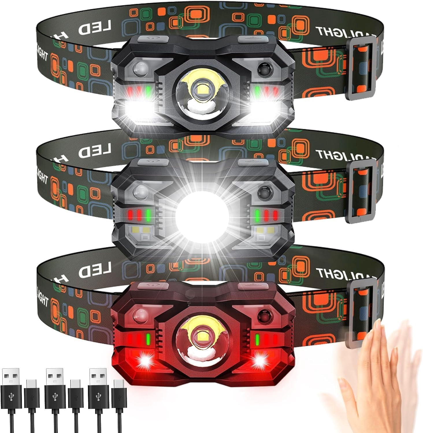Rechargeable Headlamp Flashlight 3-Pack, 2000 Lumen Super Bright LED Headlight with Red Light, Motion Sensor for Adults Kid, Waterproof Lightweight Head
