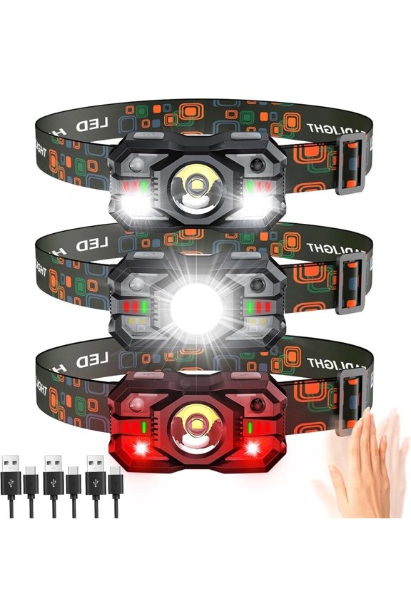 Rechargeable Headlamp Flashlight 3-Pack, 2000 Lumen Super Bright LED Headlight with Red Light, Motion Sensor for Adults Kid, Waterproof Lightweight Head