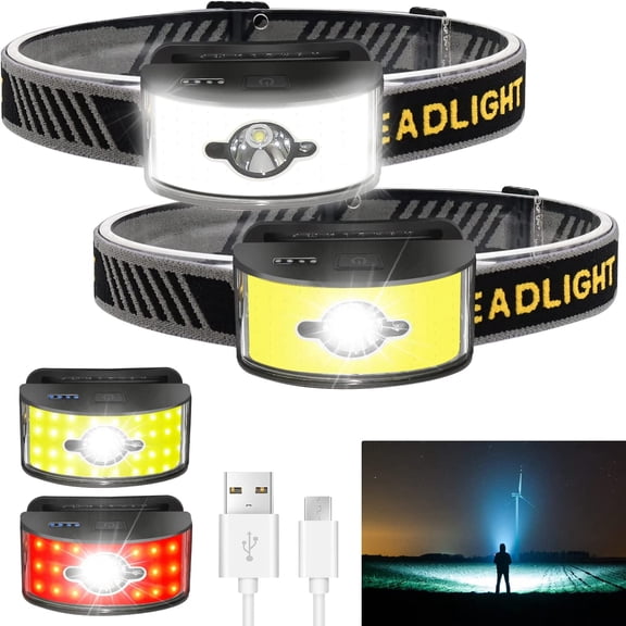 Rechargeable Headlamp Flashlight, 5000 Lumen Headlight, 3 Beam Led Headlamp,6 Lighting Modes, Lightweight Waterproof Light Bar Headlamp, Suitable for Outdoor, Running, Fishing, Camping (2 Packs)