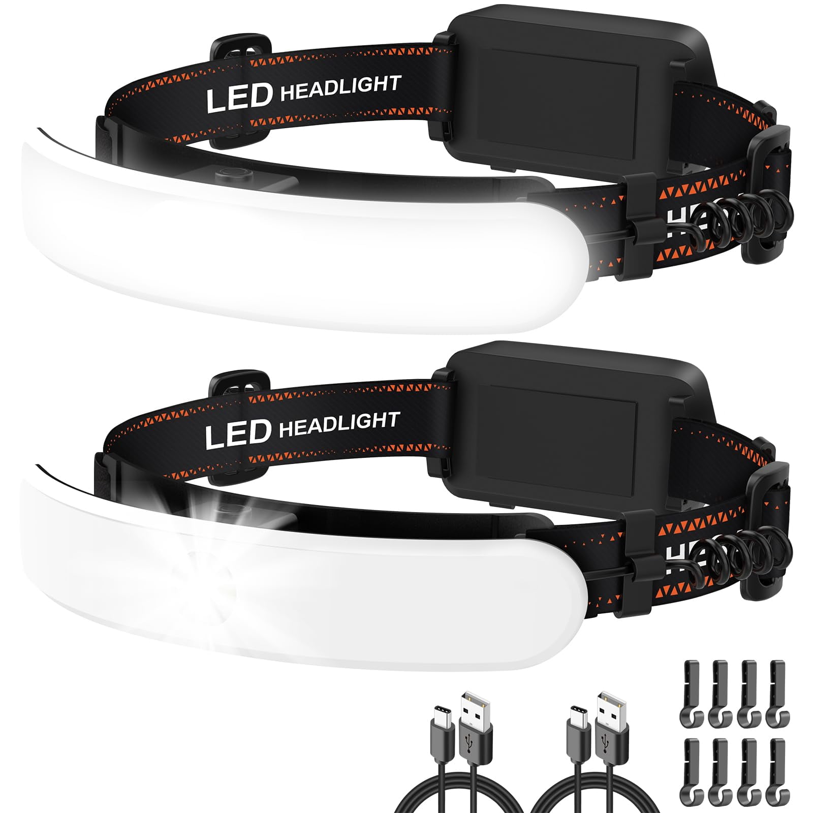 Rechargeable Headlamp High Lumen  230° Wide Beam 1800 Super Bright Head Lamp 6 Modes Lights For Forehead 90° Rotatable Headlight Led Headlamps Adults Mechanic Hardhat Camping (2pack)