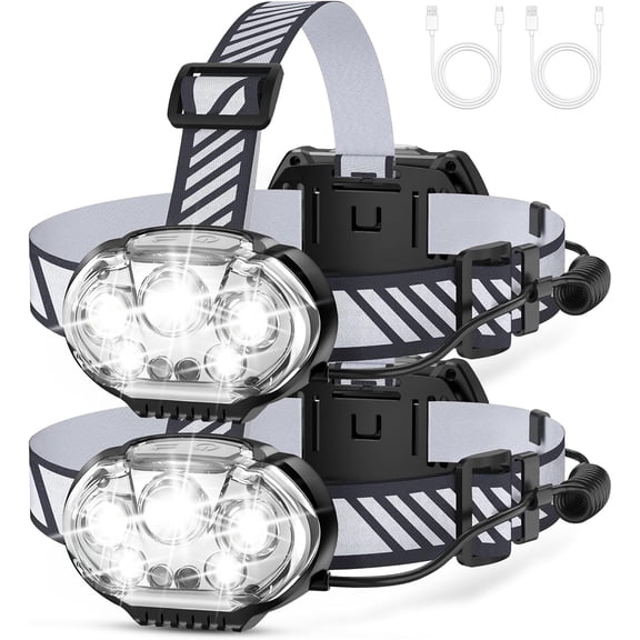 Rechargeable Headlamp, High Lumen 5 LED Head Lamp with Red White Light,IPX4 Waterproof Headlight,8 Mode Flashlight for Outdoor Running Hunting Fishing Hiking Camping Gear-2Pack