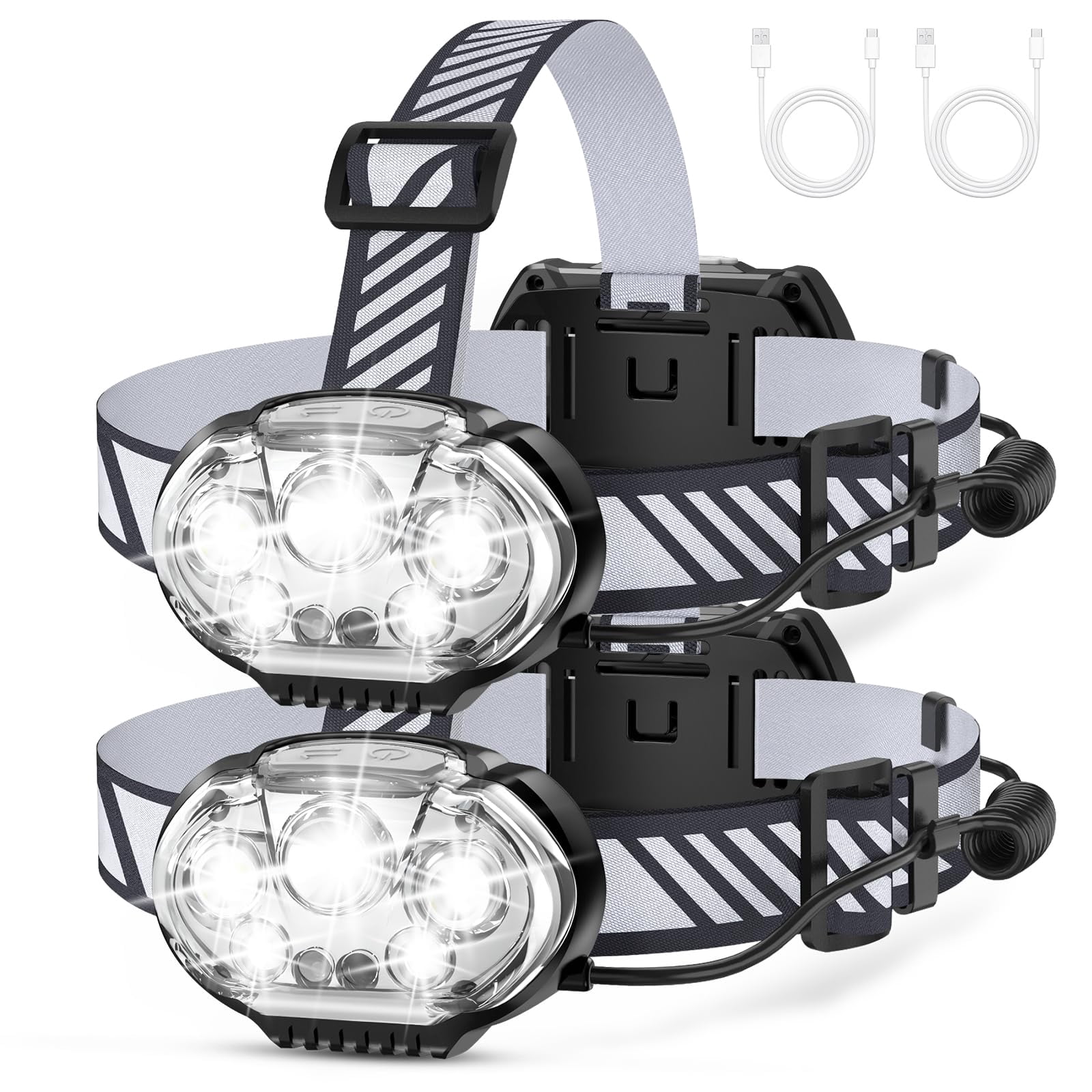 Rechargeable Headlamp  High Lumen 5 Led Head Lamp With Red White Light Ipx4 Waterproof Headlight 8 Mode Flashlight For Outdoor Running Fishing Hiking Camping Gear-2pack