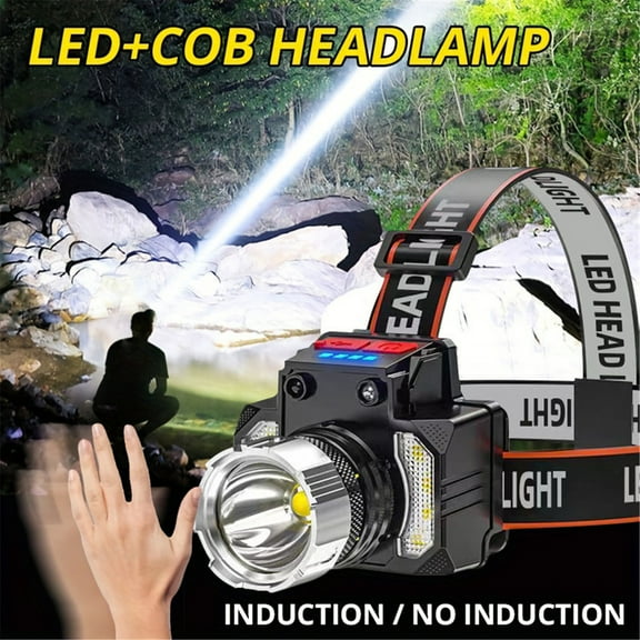 Rechargeable Headlamp with Motion Sensor, Led Headlamp with COB Double Side Lights, 4 Lighting Modes, Built in 800mAh Lithium Battery for Outdoor, Camping, Hard Hat