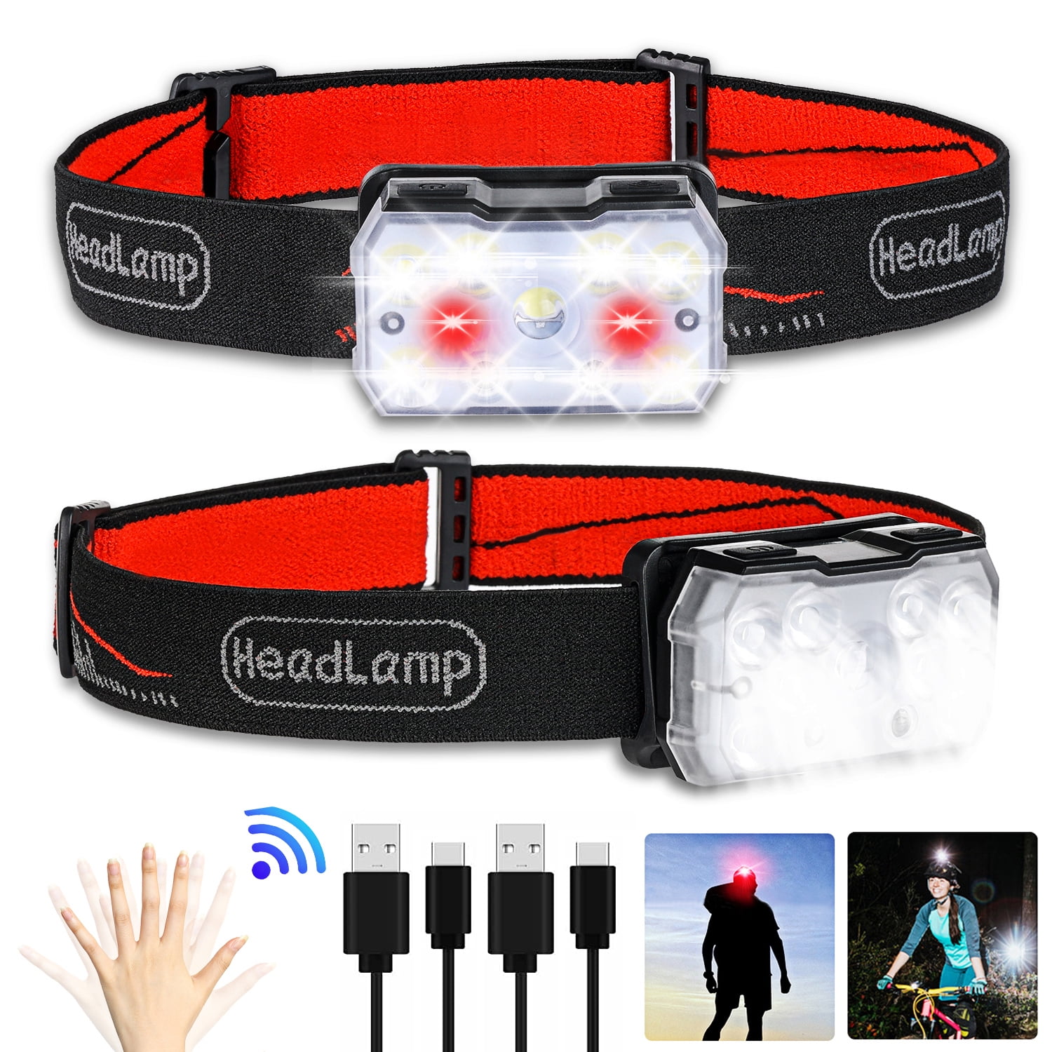 Rechargeable Headlamp, Zacro Pack Motion Sensor LED Head Lamp with  Modes, Adjustable Headband, Waterproof Headlight for Camping Hiking Cycling  Outdoor Sport