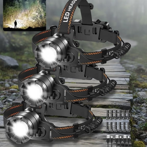 Rechargeable Headlamps, Super Bright LED Head Lamps, 4Mode Head Lights for Forehead Hard Hat, Adjustable Focus 90 Headlight, Waterproof LED Headlamp for Camping