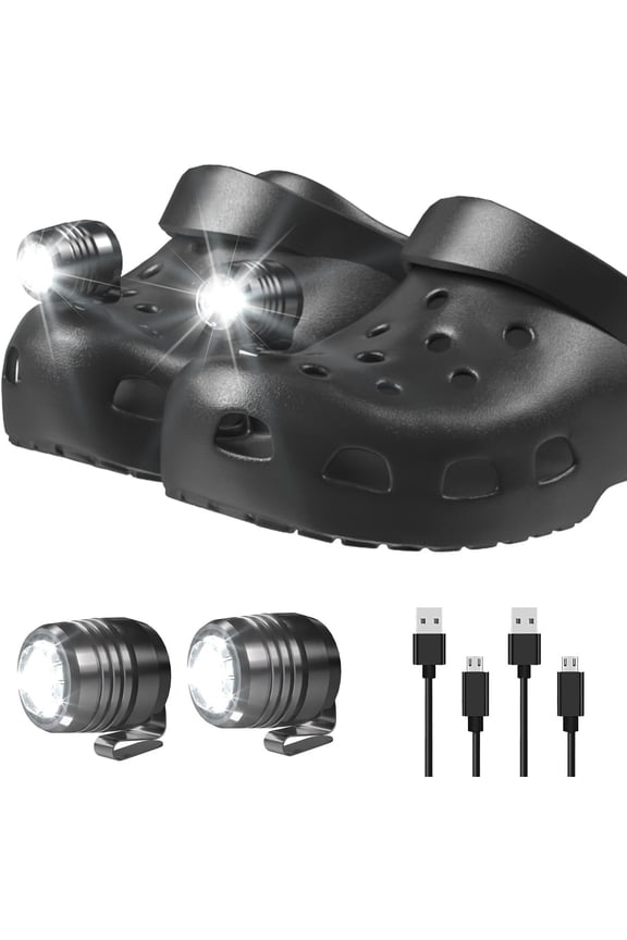 Rechargeable Headlights Compatible with Croc, 2 PCs LED Lights, Waterproof Hands Free Flashlights for Kids Adults, Novelty Shoe Lights for Camping, Dog Walking Easter Gift (Black)