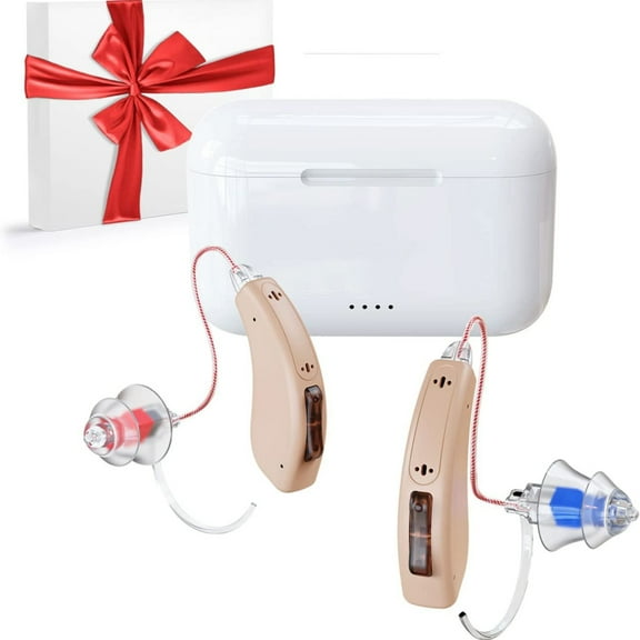 Rechargeable Hearing Aids for Seniors Adults, Advanced Multi Channel Digital BTE Hearing Assist, with Recycle Charging Case for 125 Hrs Backup Power, Auto-On/Off, Pair,