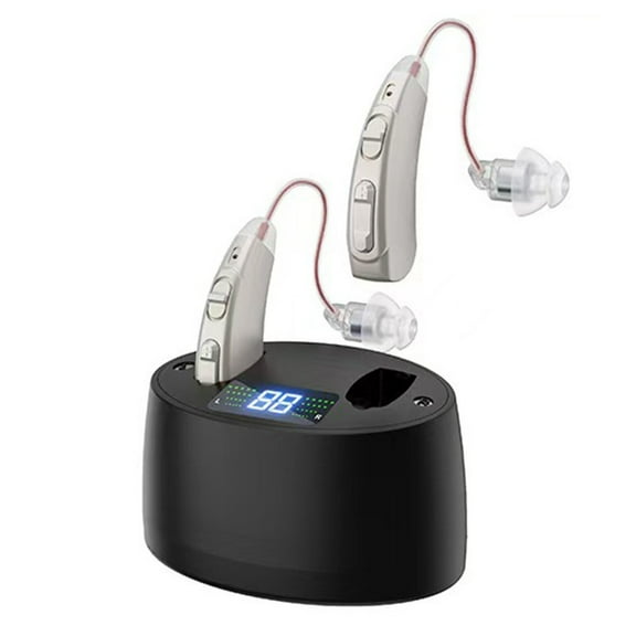 Rechargeable Hearing Aids for Seniors - Behind-the-Ear Hearing Amplifier PSAP Design w/Noise Cancellation, Personal Sound Amplification Device Pair, LCD Magnetic Charging Dock,Sliver
