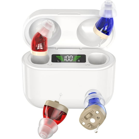 Rechargeable Hearing Aids for Seniors - Digital Personal Sound Amplifier Pair (CIC) in-Ear PSAP w/Superior Sounds Quality, Intelligent Noise Reduction, Power Display & Longest Lasting Battery Life