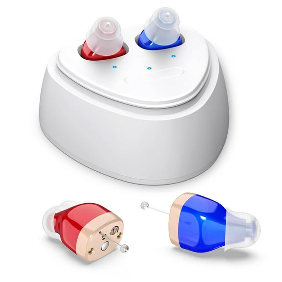 Rechargeable Hearing Aids For Seniors With Noise Canceling,Hearing Amplifier For Adults,Digital In Ear Hearing Aids, Hearing Assist Devices With Volume Control Magnetic Contact Charging Box,Blue&Red