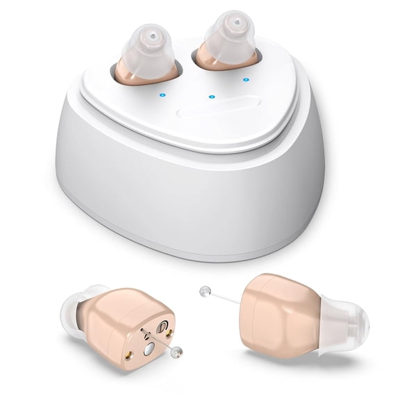 Rechargeable Hearing Aids For Seniors With Noise Canceling,Hearing Amplifier For Adults,Digital In Ear Hearing Aids, Hearing Assist Devices With Volume Control Magnetic Contact Charging Box,Brown