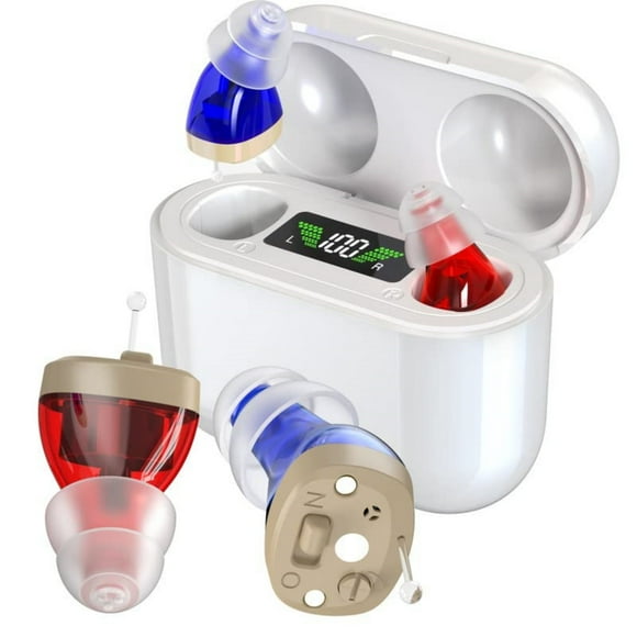 Rechargeable Hearing Amplifier for Seniors with Noise Cancelling,PSAP Personal Sound Amplifiers TV Earbuds with 2-Channel,Suitable for Adults,Elderly,Children(Red & Blue)