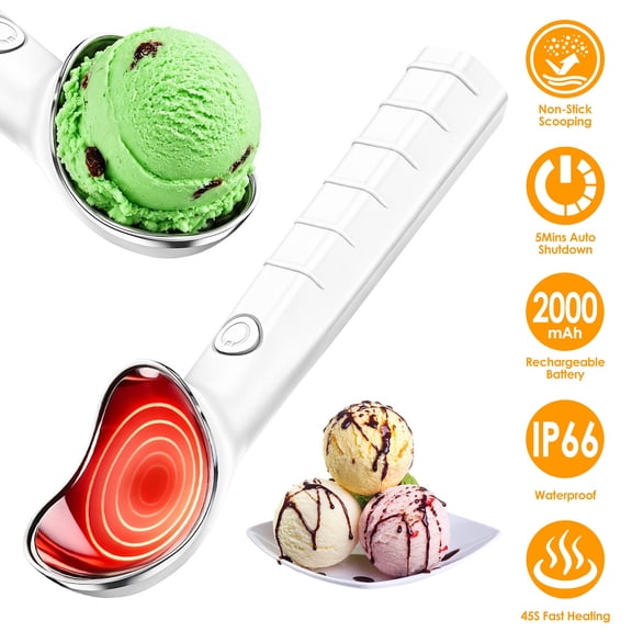 Rechargeable Heated Ice Cream Scoop 45s Fast Heating Up to 158F, 2000mAh Cordless Self Heating Ice Cream Scooper with 5 Mins Auto Shutoff, Non-Stick Scoop for Gelato Frozen Yogurt Caf Home Party