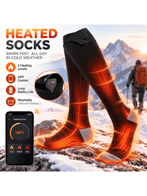 Rechargeable Heated Socks Bluetooth App Control, 3 Heat Levels, Long Battery Life, for Skiing Hiking Camping & Winter Outdoor Activities