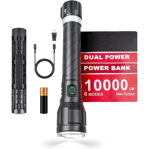 Rechargeable High Lumen Flashlights, 10000LM 2624Feet Long Throw Super Bright Flashlight,Bidirectional Lighting 300-hour Ultra-Long Flashlights,IPX6 (Black)