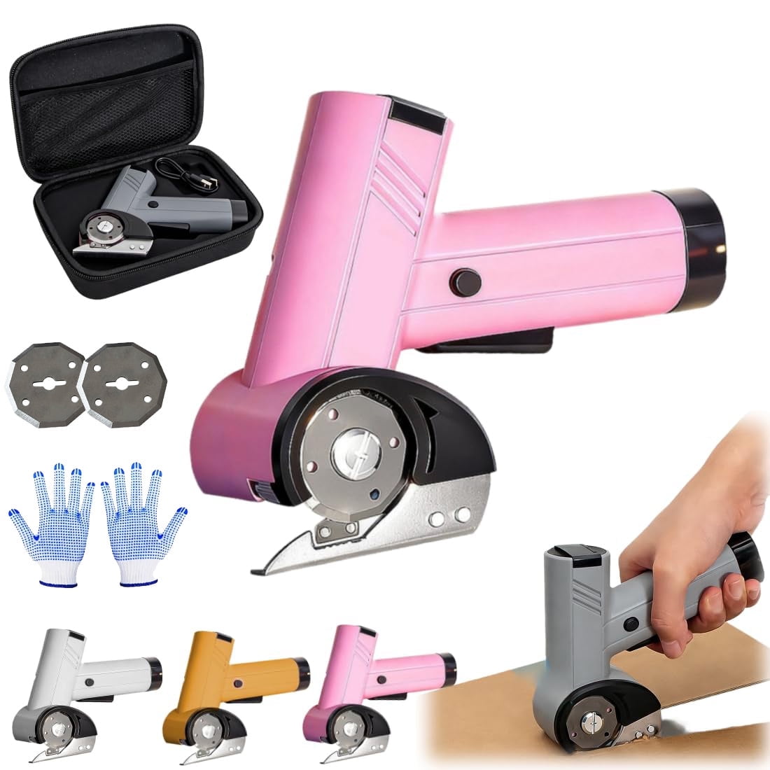 Rechargeable High-Speed Cardboard Cutter, 4V Rechargeable Cardboard Box Cutter with Safety Lock & LED Light, Power Rotary Cutter for Fabric Carpet Leather（pink-Two blades）