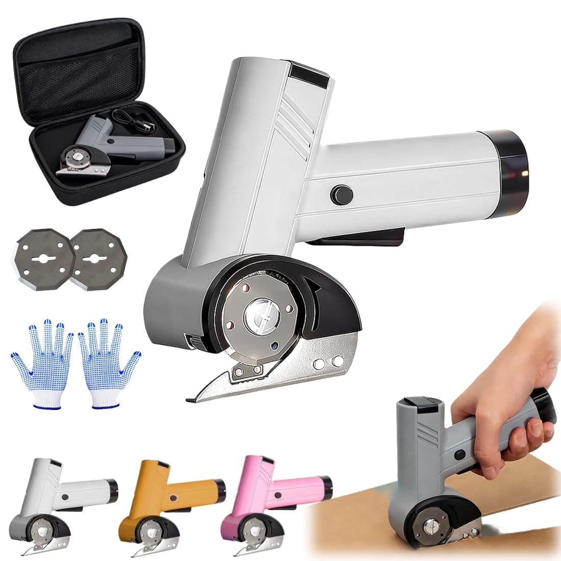 Rechargeable High-Speed Cardboard Cutter, 4V Rechargeable Cardboard Box Cutter with Safety Lock & LED Light, Power Rotary Cutter for Fabric Carpet Leather（white-Two blades）