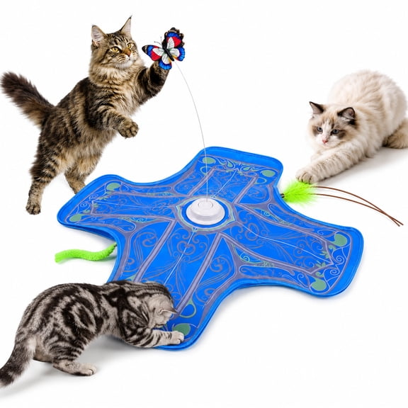 Rechargeable Interactive Cat Toy with Flutter Butterfly & Moving Feathers | 360 Motion Activated Chase System | 3 Speed Modes for Indoor Cats (Blue)