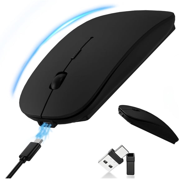 Rechargeable with Jiggler, Silent Slim for MacBook, iPad, Laptop & PC, USB-C/USB-A Receiver, BT5.2 & 2.4G Portable Optical with Adjustable DPI - Black