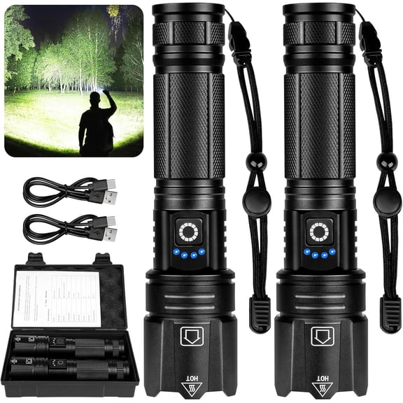Rechargeable LED 90,000 Flashlights High Lumens, 2 Pack Super Bright Flash Light with 5 Modes, High Powered Handheld Flashlight for Home Camping Hiking Night Work