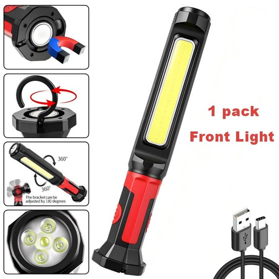 Rechargeable LED COB Work Light, 1 Pack Magnetic Mechanic Work Light with 360 Rotatable Hook, Detachable 5 LED Flashlight Red Warning Light for Car Repair Garage Camping Emergency