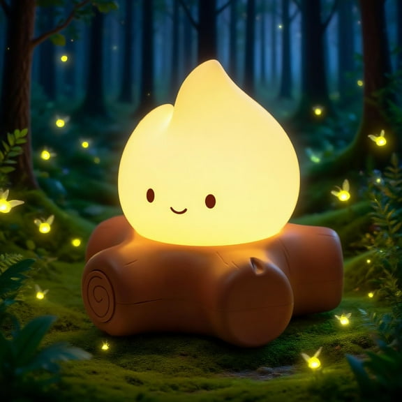 Rechargeable LED Campfire Night Light, Dimmable Flame Effect with Warm Yellow Glow, 800mAh Battery, Portable Mood Light for Kids Room Halloween Camping Decor