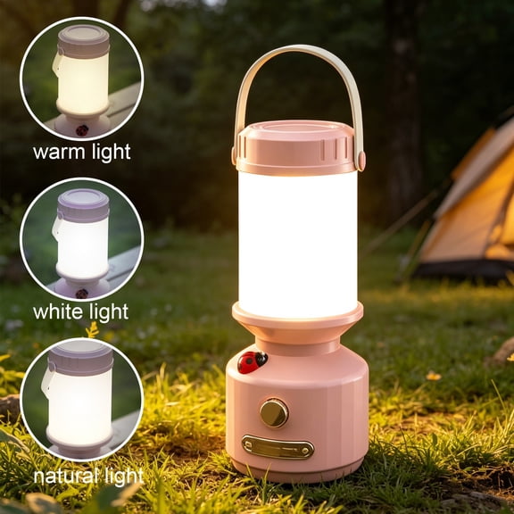 Rechargeable LED Camping Lantern with Handle, Portable Handheld Bedside Lamp with Cute Ladybug Design, USB Powered Light for Bedroom Outdoor Emergency