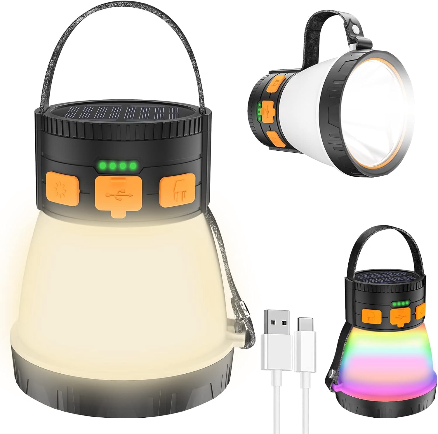 Rechargeable LED Camping Lantern with Solar Panel, 1500 Lumens, 8 Light Modes, Waterproof, 7500mAh Power Bank for Hiking, Emergency, Outdoor