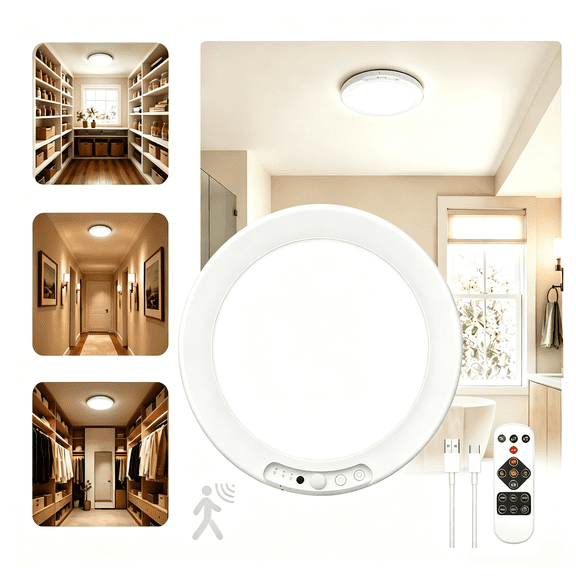 Rechargeable LED Ceiling Light with Motion Sensor, 3 Light Modes, 10Level Brightness Adjustment, Remote Control, Dimmable & Timer Function, for Living Room, Bathroom, Pantry