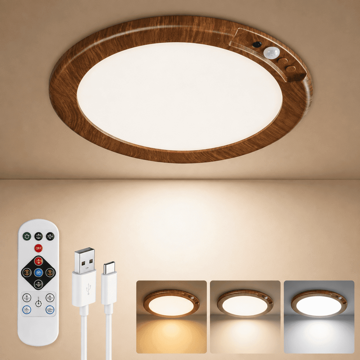 Rechargeable LED Ceiling Light, Motion Sensor, Remote Control, 3 Color Temperature, Battery Operated for Closet, Bathroom and Stairs