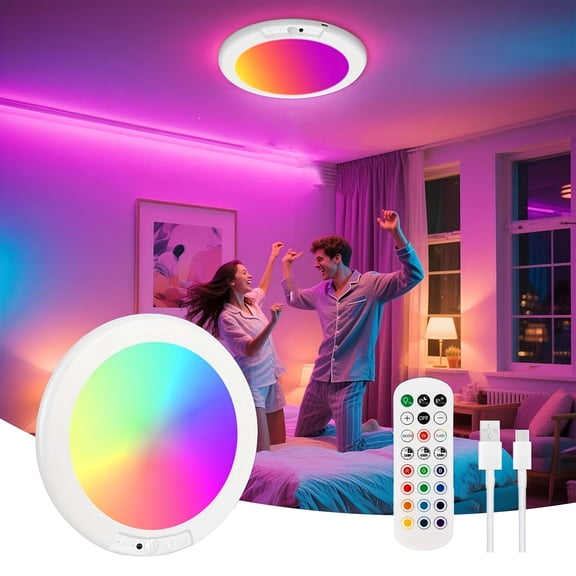 Rechargeable LED Ceiling Light with Remote, Color Changing And White Light, Magnetic Motion Sensor Light for Shower Bathroom Closet, Halloween Or Christmas Gift for Home Decor