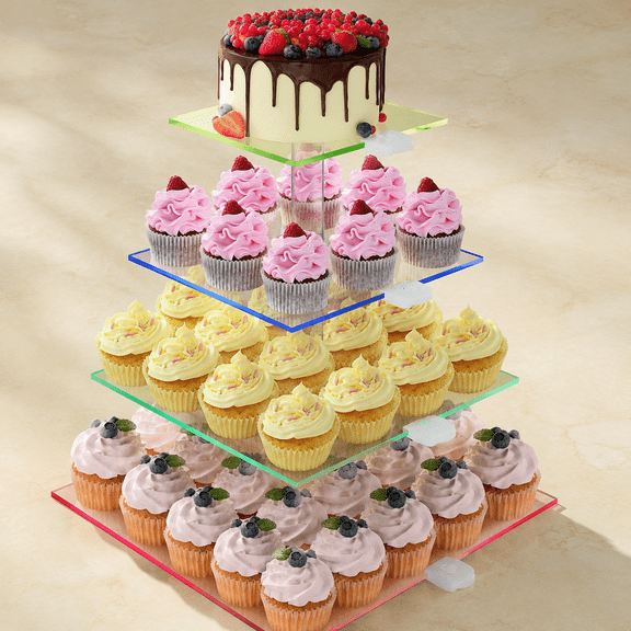 Rechargeable LED Cupcake Stand for 50 Cupcakes, 7 Colors Light Clear Cupcake Holder, 4 Tier Cupcake Tower, Acrylic Dessert Table Display Set for Weddings, Christmas, Birthday, Parties