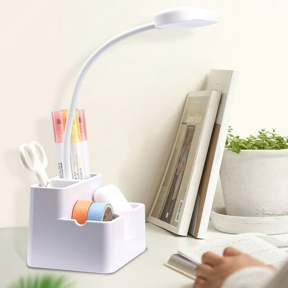 Rechargeable LED Desk Lamp | Eye-Protection Reading Light with Adjustable Foldable Arm - Integrated Pen Holder & Phone Stand - White Plastic | Portable 12x9x33.5cm