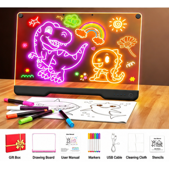 Rechargeable LED Drawing Board, 7 Light Color Modes, Neon Glow Doodle Sketch Pad with Built-in Stand, Gift Birthday Christmas, Black