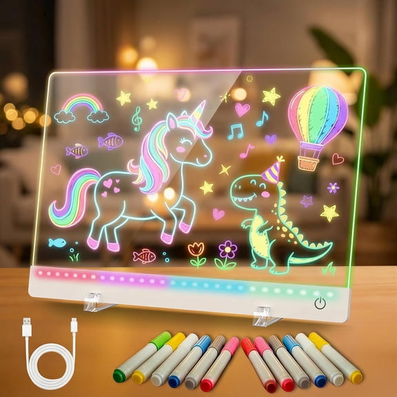 Rechargeable LED Drawing Board for Kids - 17" Flicker-Free Glow Doodle Drawing Pad with 11-Color Light Modes, Cuopluber Soft Light Dry Erase Note Board with Stand,12 Markers, Gifts for Kids