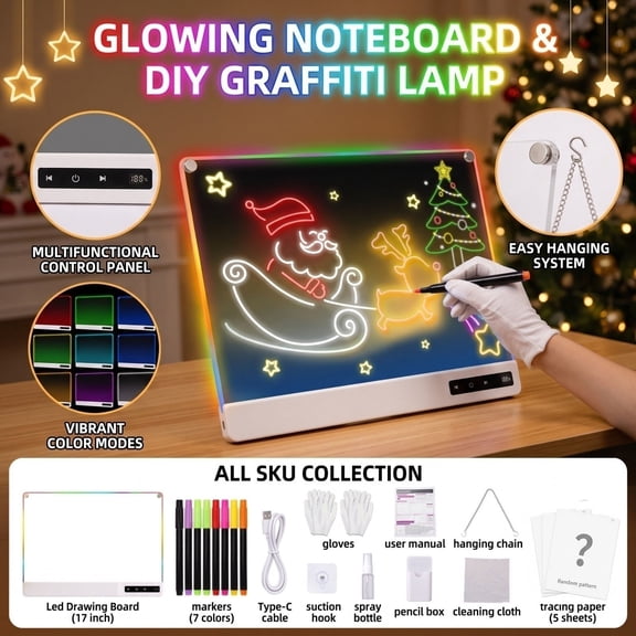 Rechargeable LED Drawing Board for Kids, Large 14" Light Up Drawing Pad, Neon Art Dry Erase Board with Tracing Book & 7 Markers,Creative Gift for Girls Boys