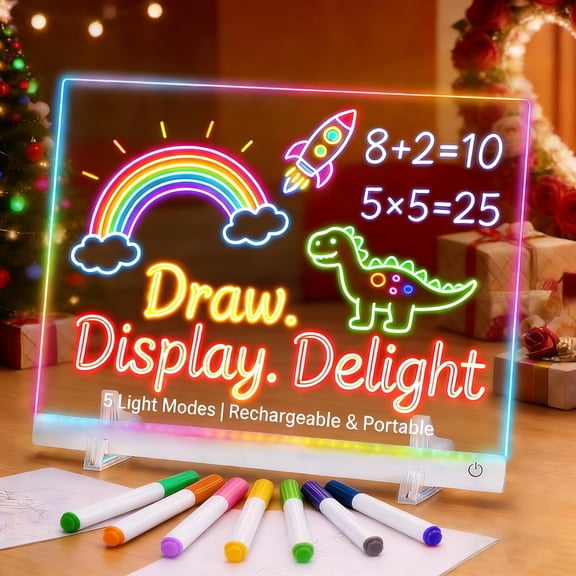 Rechargeable LED Drawing Board Light Up, 13.7x10 Inch Acrylic Light Up Drawing Board, 5 Modes 7 Colors Night Light, Includes 7 Markers, Stand, Hook, Spray Bottle - Gift for Birthday Christmas