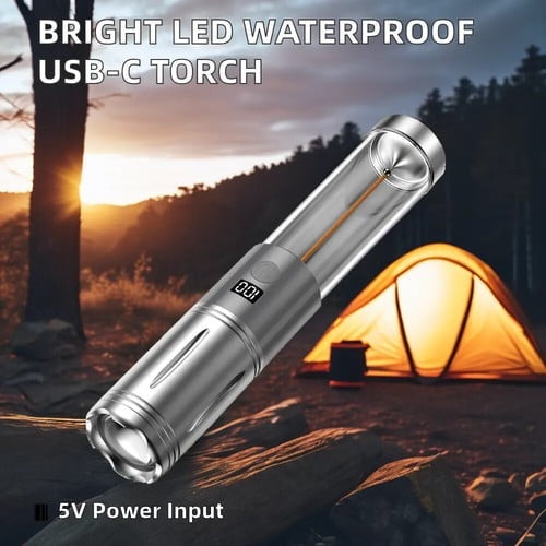 Rechargeable LED Flashlight, 3-in-1 Zoomable Waterproof Flashlight & 360 Camping Lantern with USB-C Power Bank, Digital Battery Display, for Home Emergency, Car Repair, Outdoor Camping