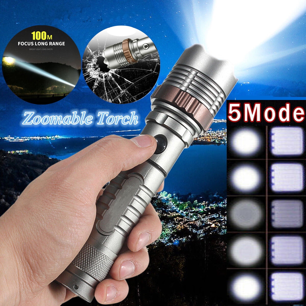 Rechargeable LED Flashlight 5 Modes Zoomable 100m Tactical Torch with 18650 Battery and Charger, Aluminum Alloy Portable Survival Light for Camping Hiking Emergency Night Outdoor Gear