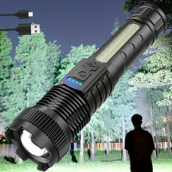 Rechargeable LED Flashlight with 6 Lighting Modes & COB Work Light, Super Bright Handheld Torch, Long Range for Camping, Fishing, Emergencies & Outdoor Activities