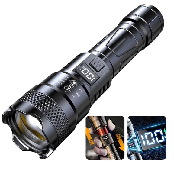 Rechargeable LED Flashlight, 900000 High Lumens Super Bright Tactical Flashlights with Digital Power Display, 5 Modes Zoomable Waterproof Portable Handheld Flashlight for Camping