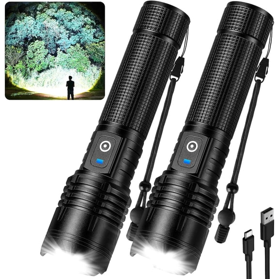 Rechargeable LED Flashlight, 99,000 High Lumens Super Bright Tactical Flashlight, 5 Modes Adjustable Focus, Waterproof Powerful Handheld Flash Light for Camping Home Emergency (2 Pack)