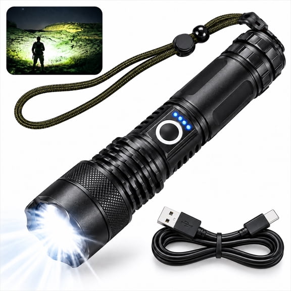 Rechargeable LED Flashlight, Aluminum Alloy Handheld Flashlight with Power Indicator, 5 Light Modes, Zoomable Beam, USB-C Charging, IP44 Water Resistant, 3000mAh Battery, Black